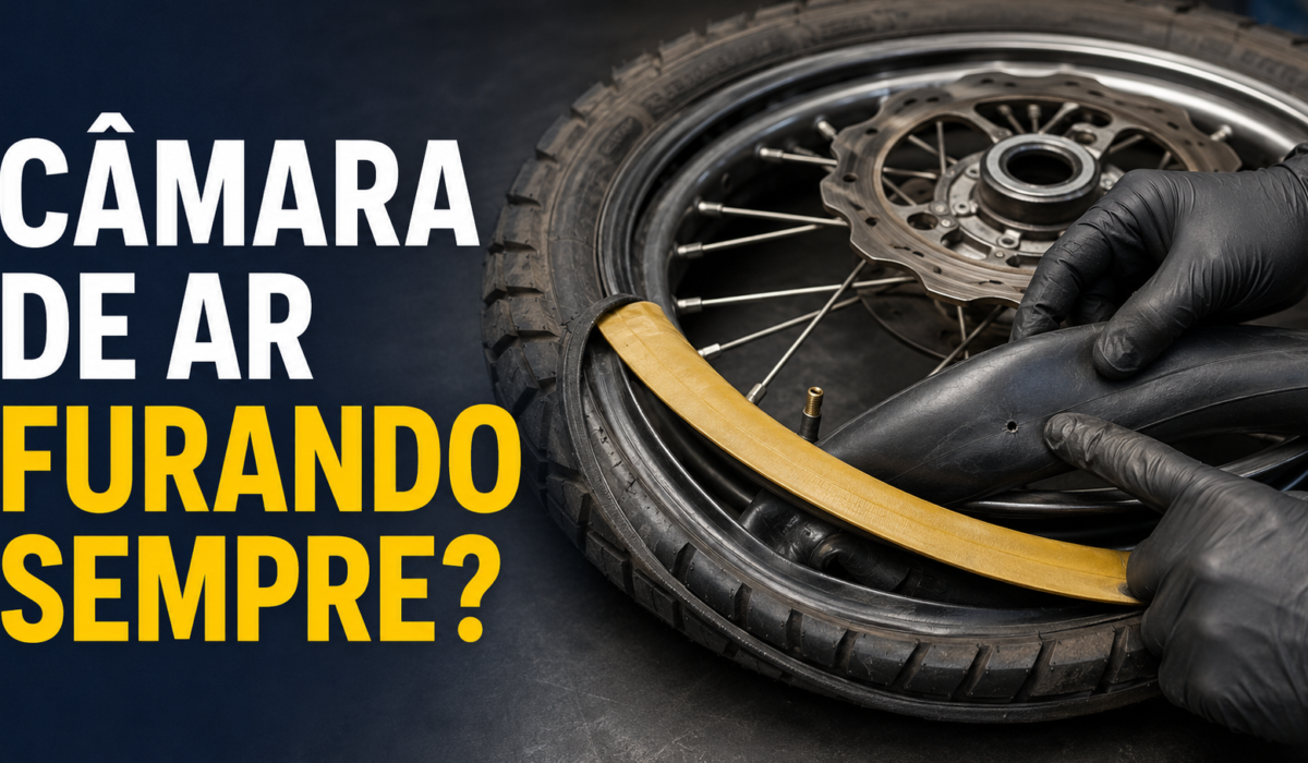 Câmara de ar de moto com pequeno furo sendo examinada ao lado da roda e da fita de aro