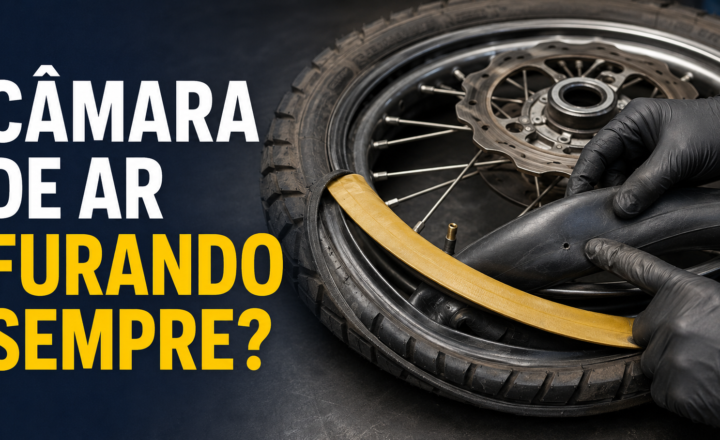 Câmara de ar de moto com pequeno furo sendo examinada ao lado da roda e da fita de aro