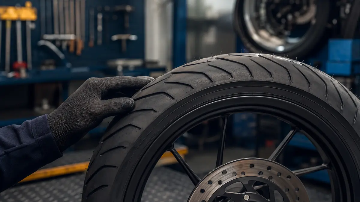 Medida gravada na lateral de um pneu de moto sendo conferida